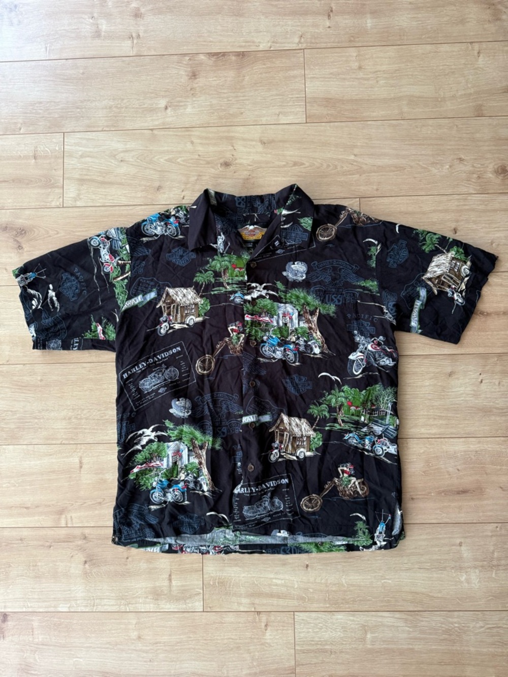 Harley Davidson Hawaiian Shirt L Black All Over Print Made In Hawaii USA